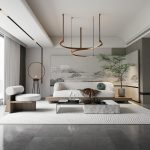 A luxury living room with minimalist design featuring contemporary furniture and decor.